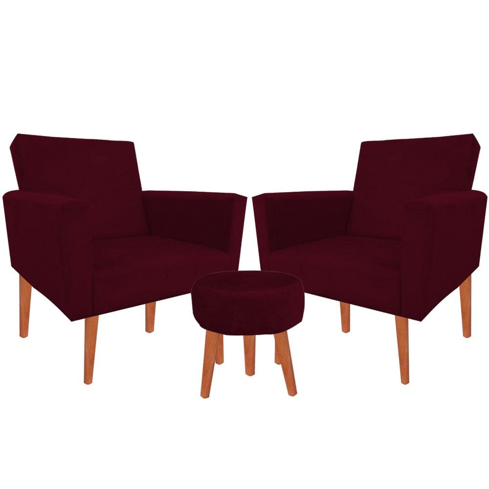 Kit 02 Poltronas Luxo Decorativas Nina E Puff Suede Bordo
