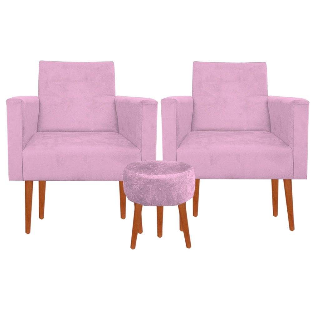Kit 02 Poltronas Luxo Decorativas Nina E Puff Suede Rosa