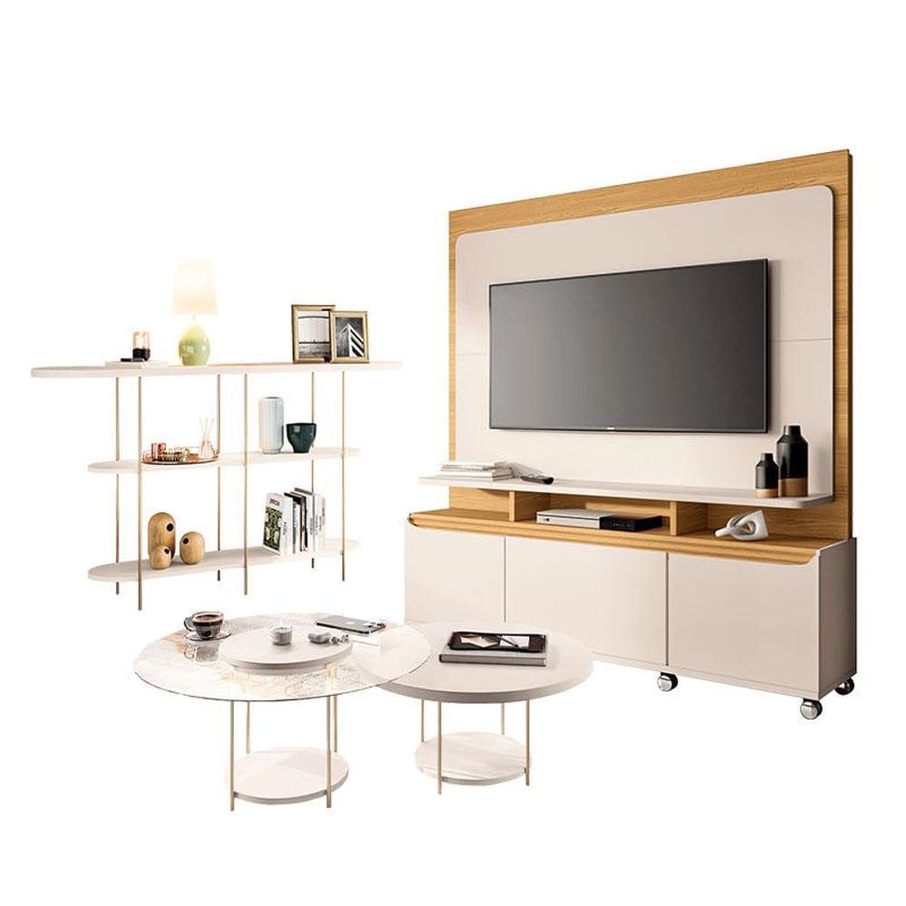 Estante Home Theater Quantum Off White Cinamomo e Aparador Infinity e Kit Mesa de Centro Sky Off White – HB Móveis