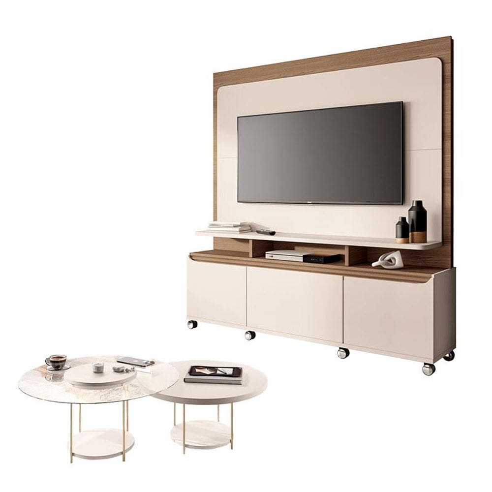 Estante Home Theater Quantum Off White Castanho e Kit Mesa de Centro Sky Off White – HB Móveis
