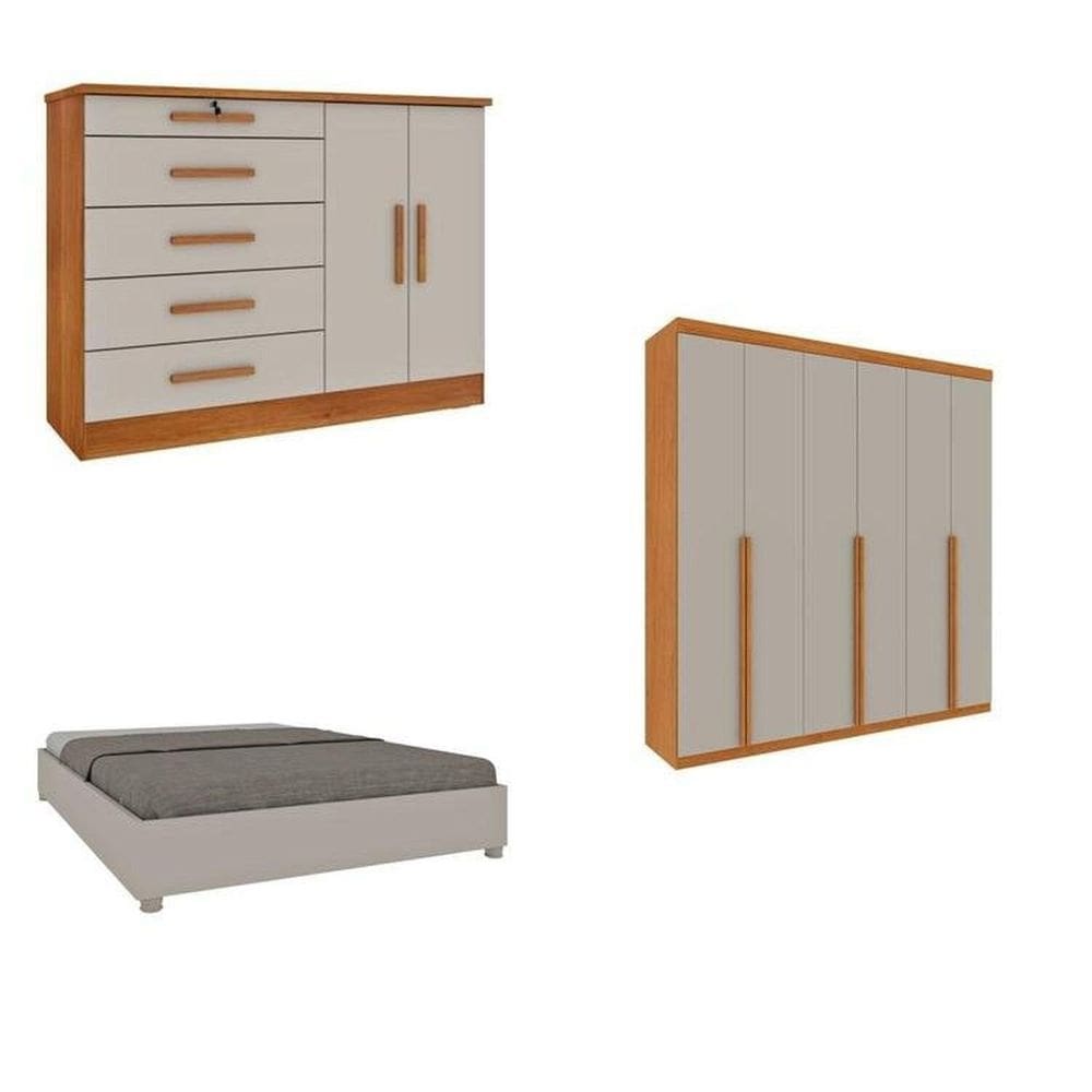 Quarto Casal Completo Guarda-Roupa Milano, Cama Mônaco e Cômoda Istambul Espresso Móveis Cinamomo/Off White