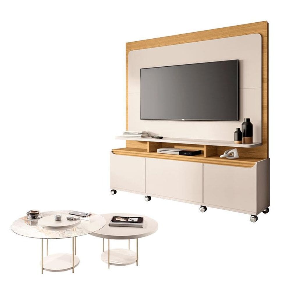Estante Home Theater Quantum Off White Cinamomo e Kit Mesa de Centro Sky Off White – HB Móveis