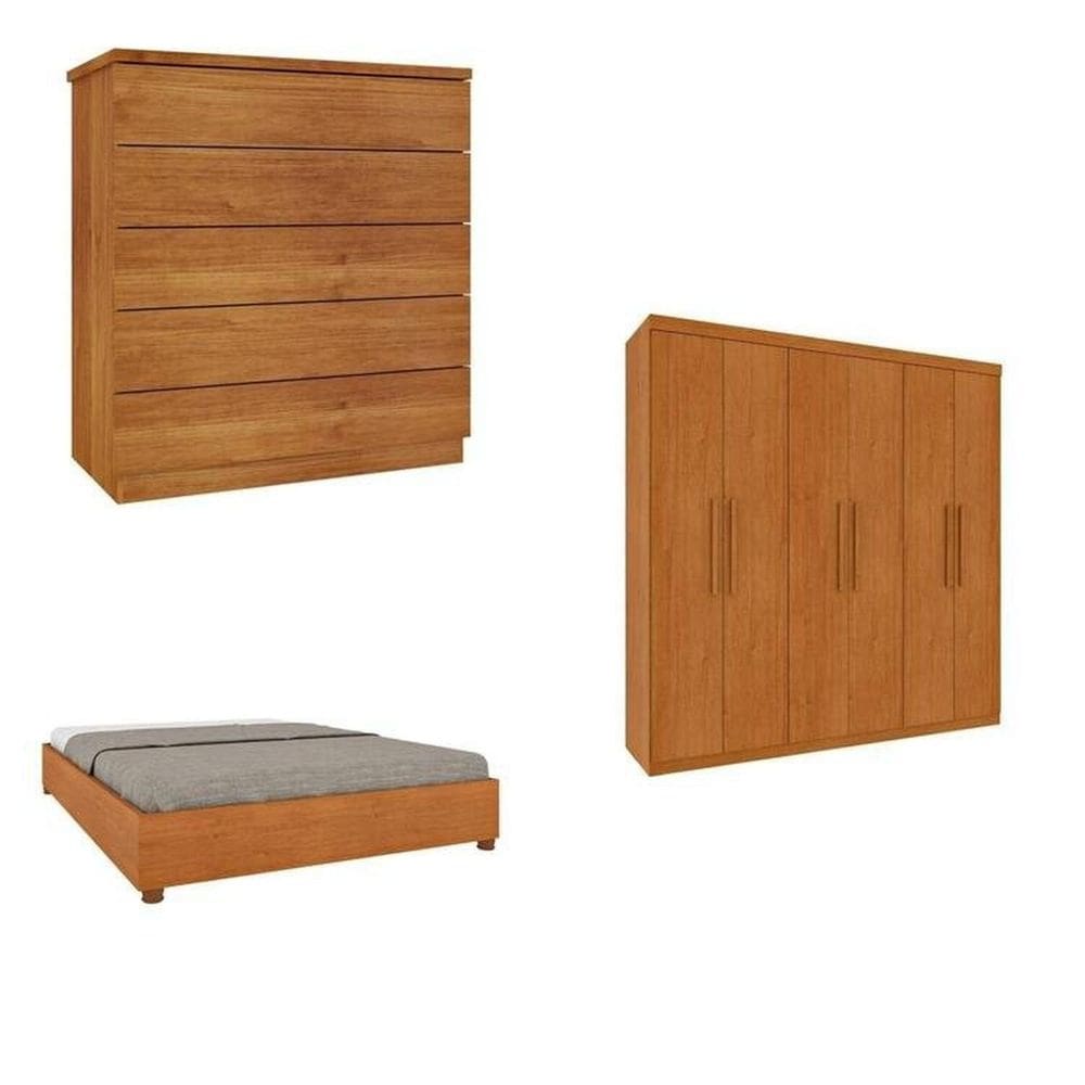 Quarto Casal Completo Guarda-Roupa Lima, Cama Mônaco e Cômoda Premium Espresso Móveis Cinamomo