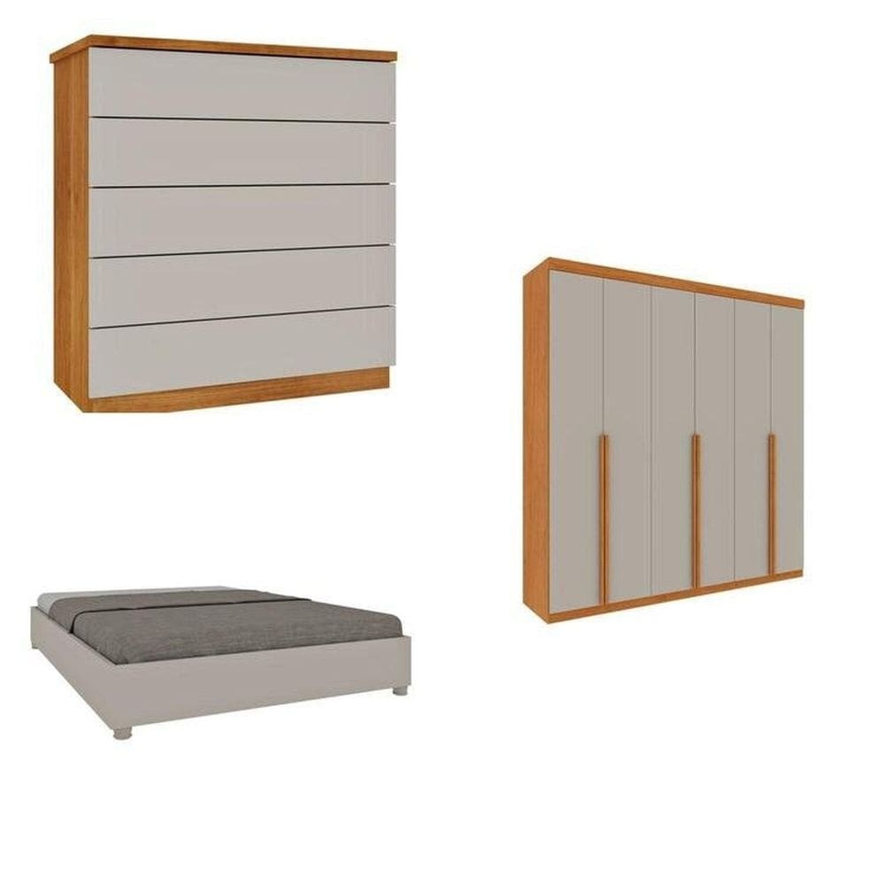 Quarto Casal Completo Guarda-Roupa Milano, Cama Mônaco e Cômoda Premium Espresso Móveis Cinamomo/Off White