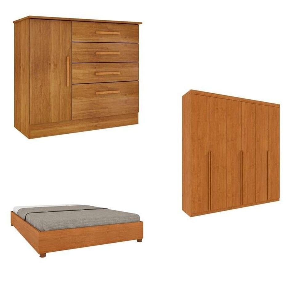 Quarto Casal Completo Guarda-Roupa Milano, Cama Mônaco e Cômoda Chicago Espresso Móveis Cinamomo