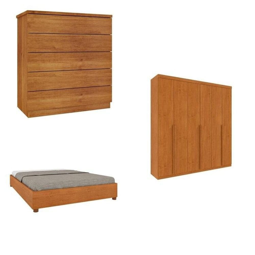 Quarto Casal Completo Guarda-Roupa Milano, Cama Mônaco e Cômoda Premium Espresso Móveis Cinamomo