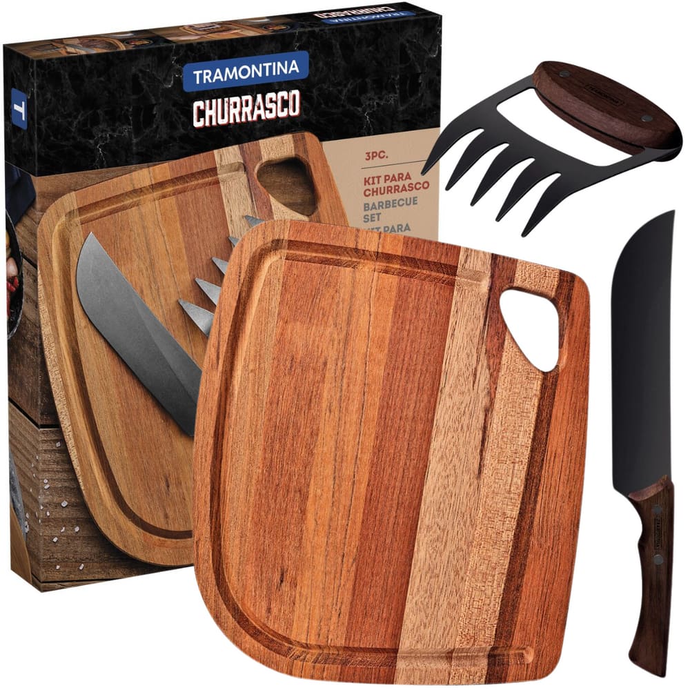 Jogo 3 peças Churrasco Faca Tábua Garra Tramontina Aço Inox Escurecido Madeira