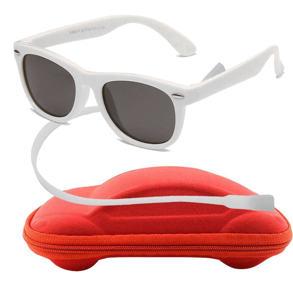 Óculos de Sol Flexível Infantil + Case Carrinho + Cordão Silicone Branco