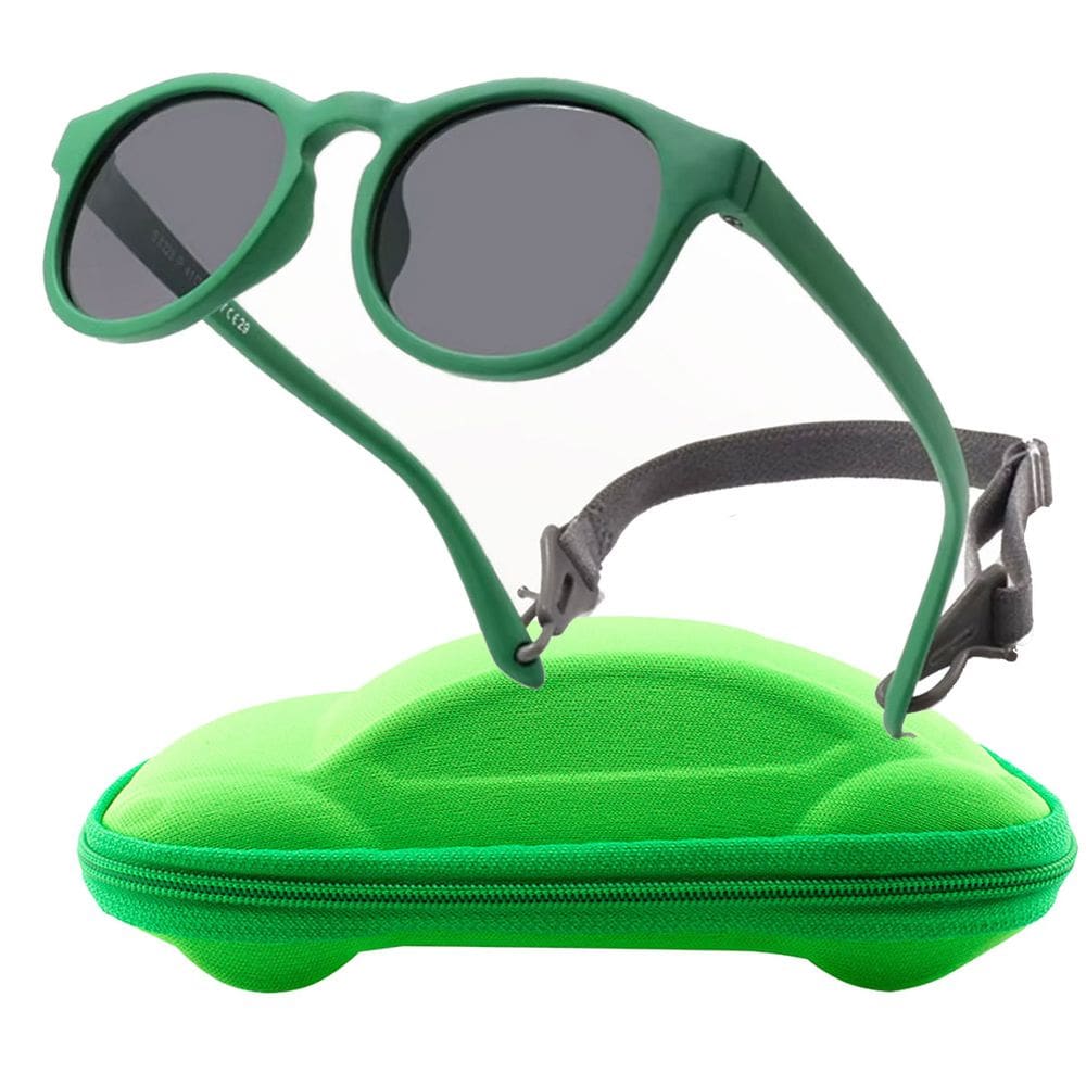 Óculos de Sol Flexível Bebê + Case Carrinho + Cordão Elástico Verde