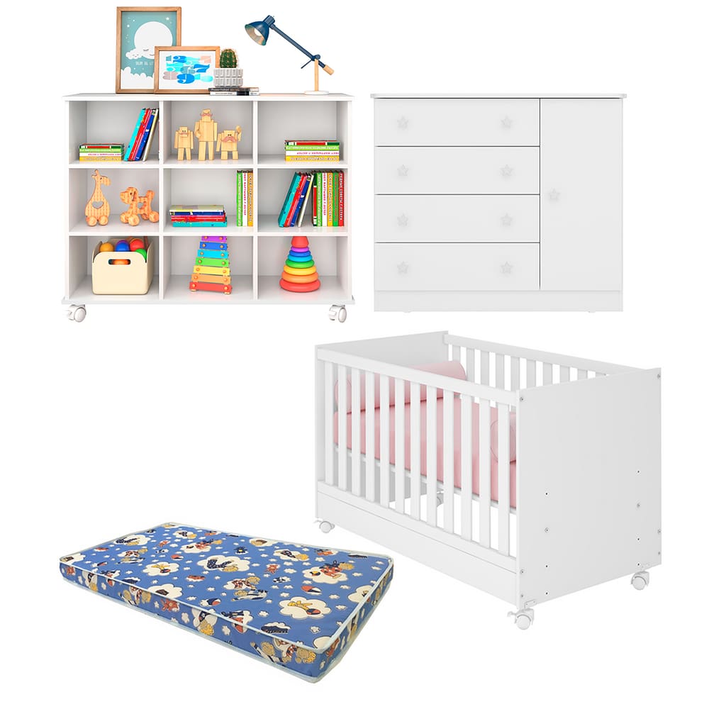 Dormitório Infantil Kit Berço e Cômoda Espaçosa com Nicho Branco e Colchão Ortobom - Qmovi