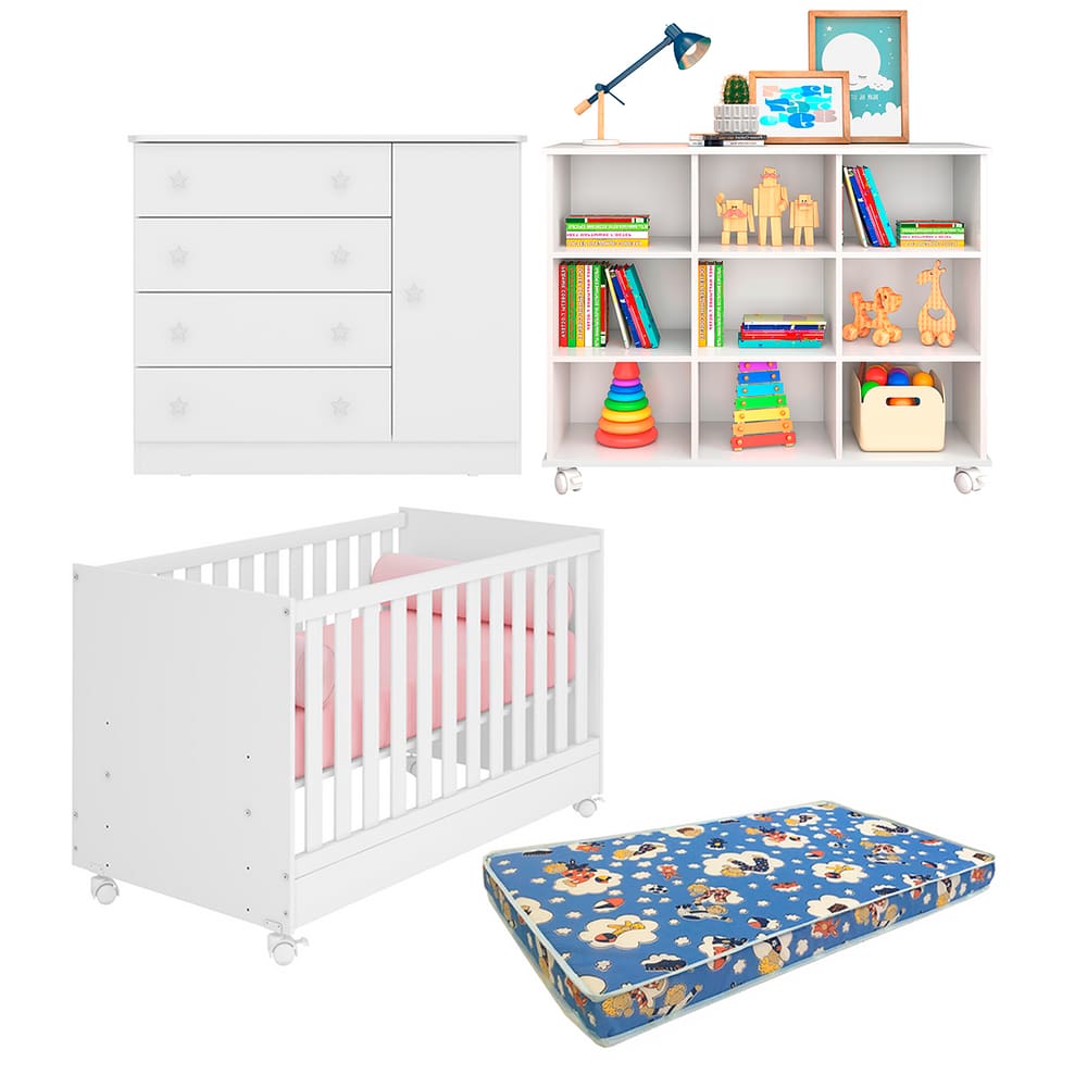 Cada Detalhe Pensado P Bebê Conjunto Berço Cômoda com Nicho Colchão Ortobom Branco - Qmovi
