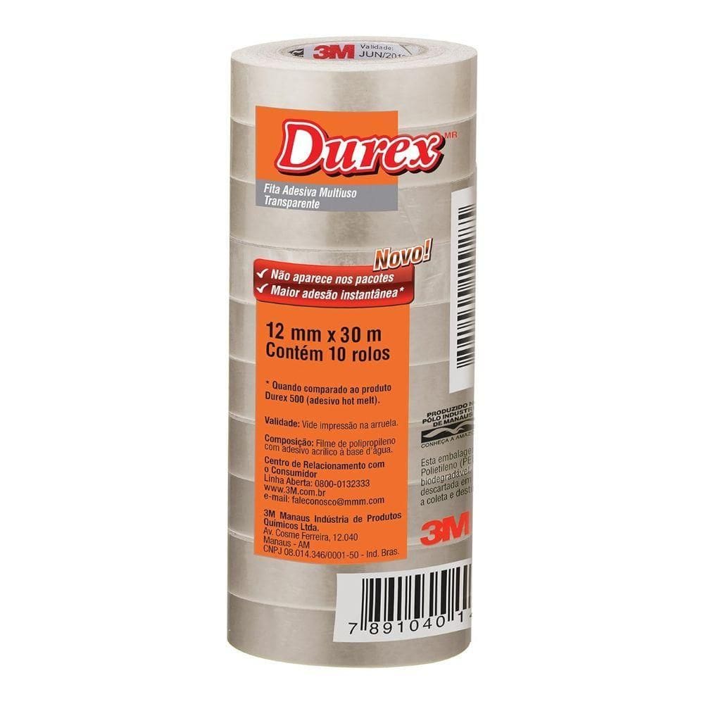 Fita Adesiva Multiuso Transparente Durex 12mm X 30m Com 10 Rolos 3m