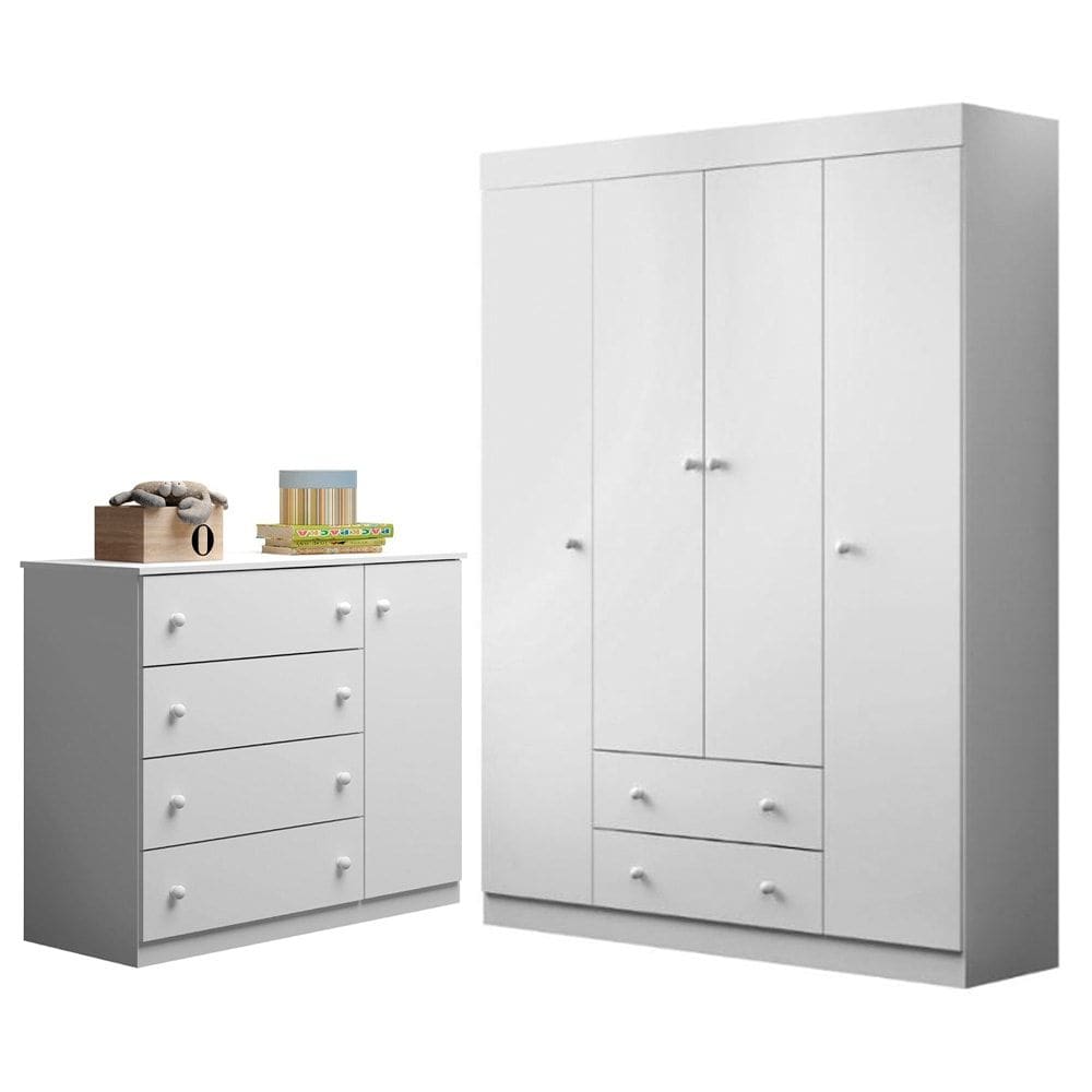 Jogo de Quarto Infantil Guarda Roupa e Cômoda Ellie P04 Branco - Mpozenato