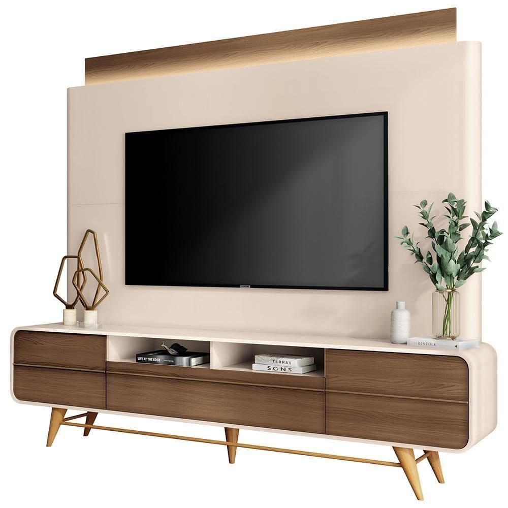Estante Painel Para Tv 85 Pol Orgânico Com Led Royal B01 Off White Castanho - Lyam Decor