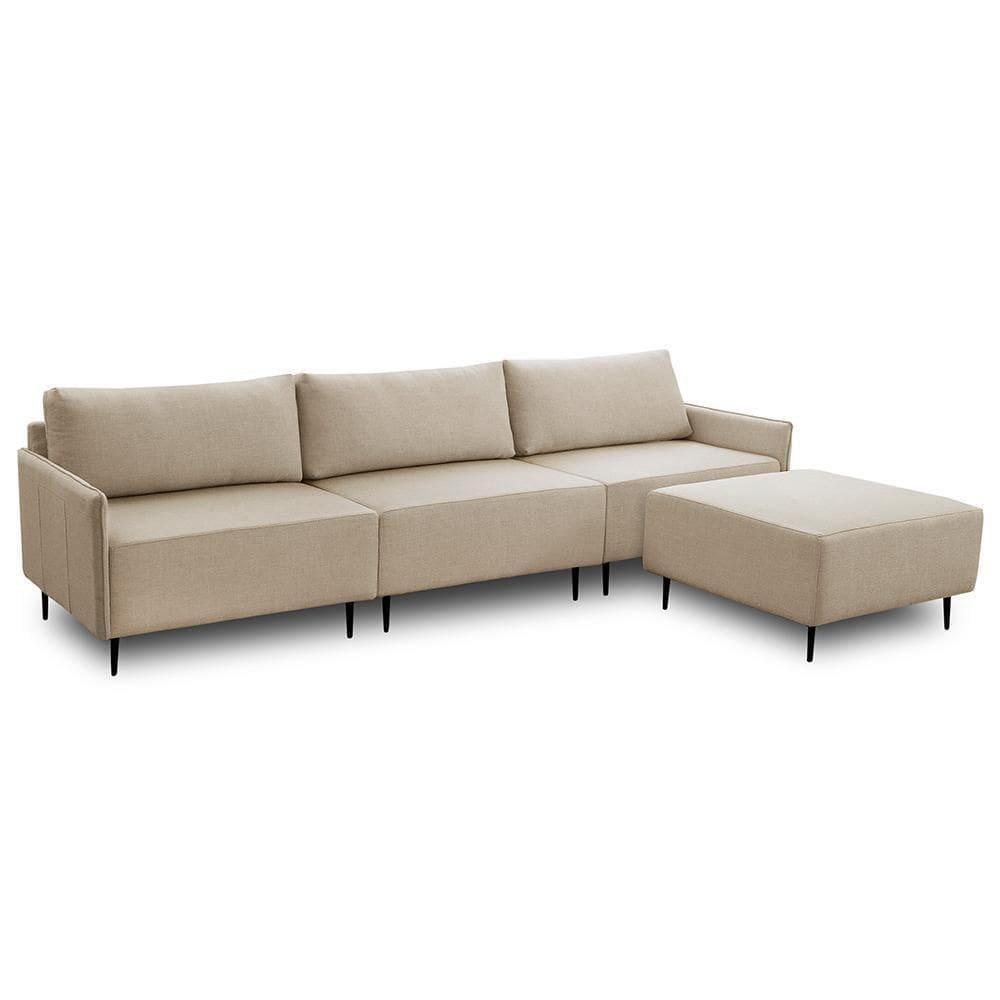 Sofá 3 Lugares Para Sala Living Com Puff 280cm Yves F04 Linho Tramado Creme - Lyam Decor