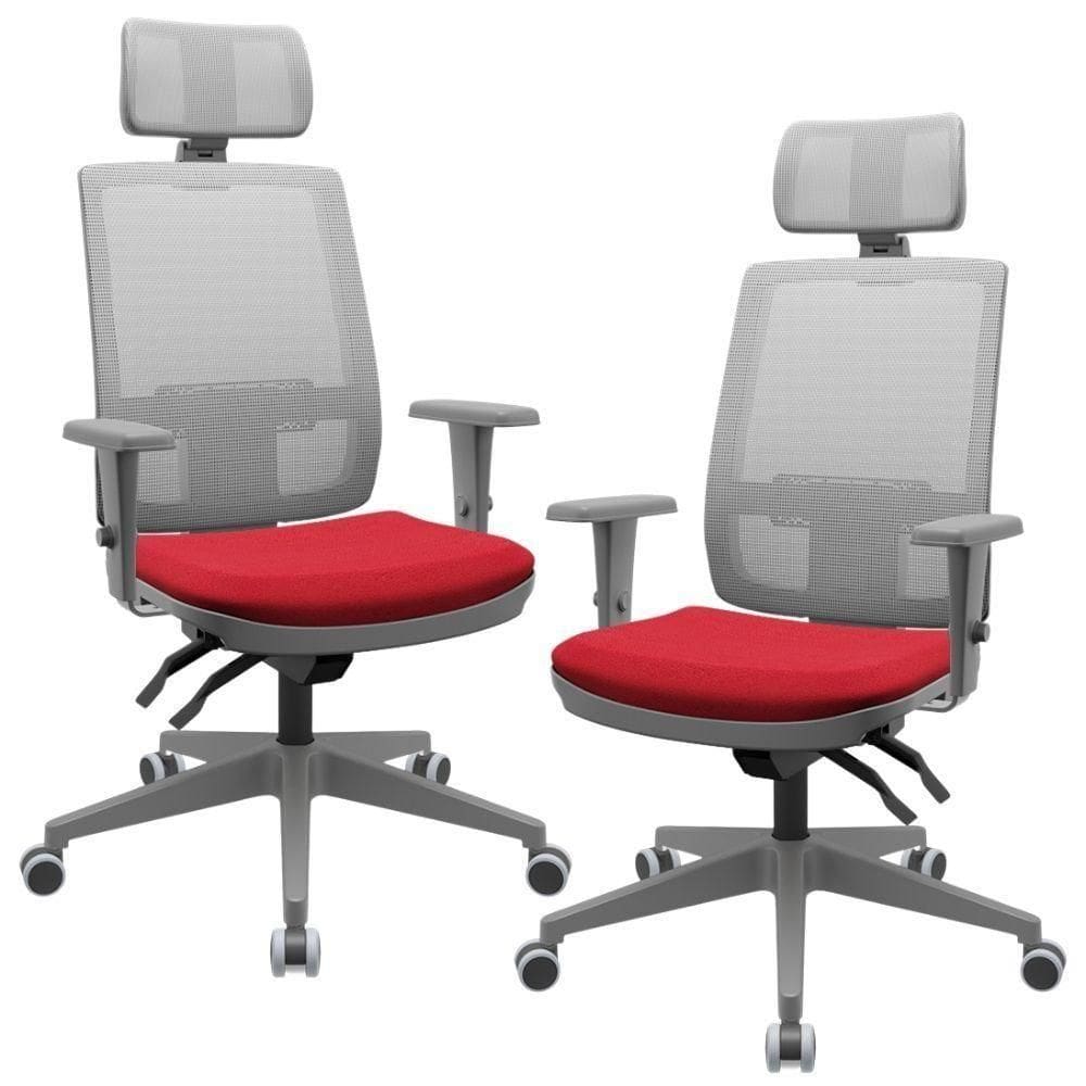 Kit 02 Cadeiras De Escritório Giratória Presidente Fritz P03 Tela Cinza Crepe Vermelho - Lyam Decor