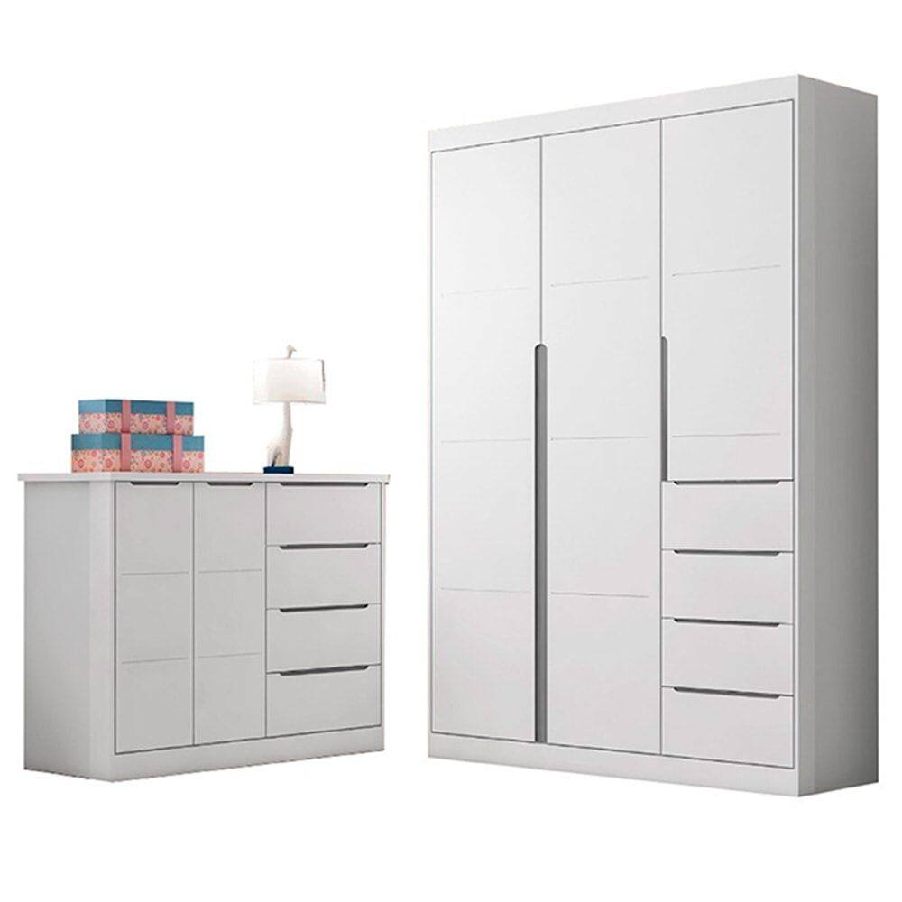 Jogo de Quarto Infantil Guarda Roupa 3 Portas e Cômoda 4 Gavetas Lilly P04 Branco/Cinza - Mpozenato