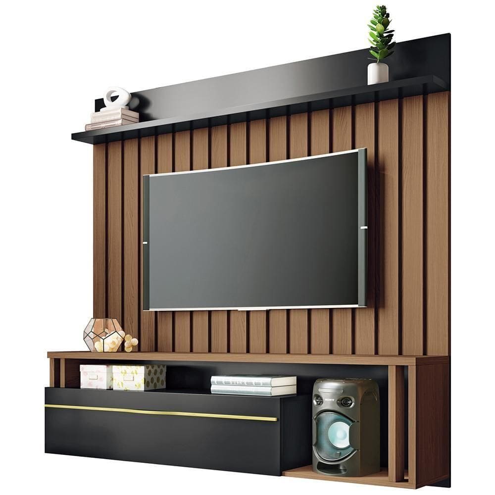 Painel Para Tv 55 Pol Ripado Com Bancada Suspensa Blanc B01 Castanho Preto - Lyam Decor