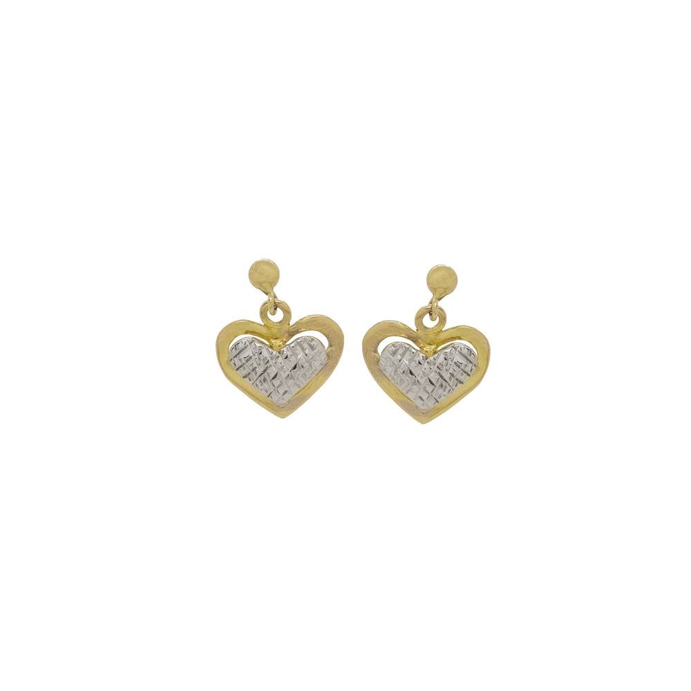 Brinco Pendente Coração Delicado Ouro 18k Amarelo E Branco