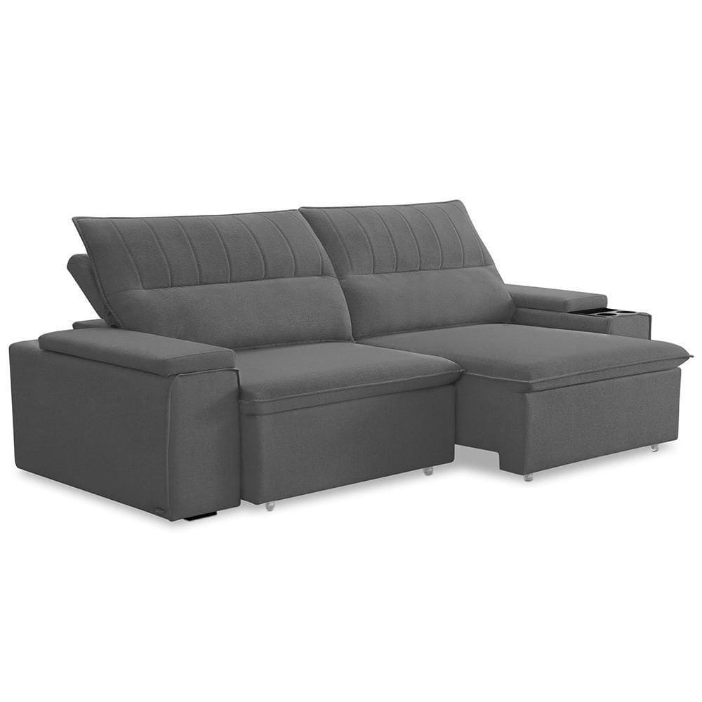 Sofá Retrátil Reclinável Para Sala 3 Lugares 245cm Ricci F04 Veludo Cinza Escuro - Lyam Decor