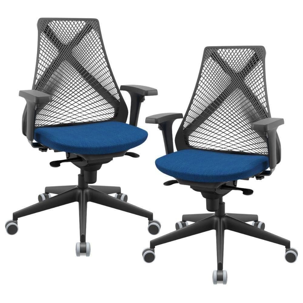 Kit 02 Cadeiras De Escritório Giratória Presidente Unix P03 Tela Cinza Crepe Azul - Lyam Decor
