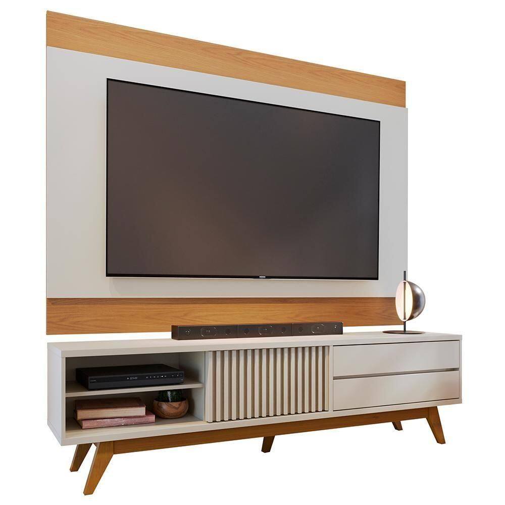 Rack Para Sala Venice Com Painel Para Tv 75 Pol Cairo C04 Off White Matte Freijó - Lyam Decor