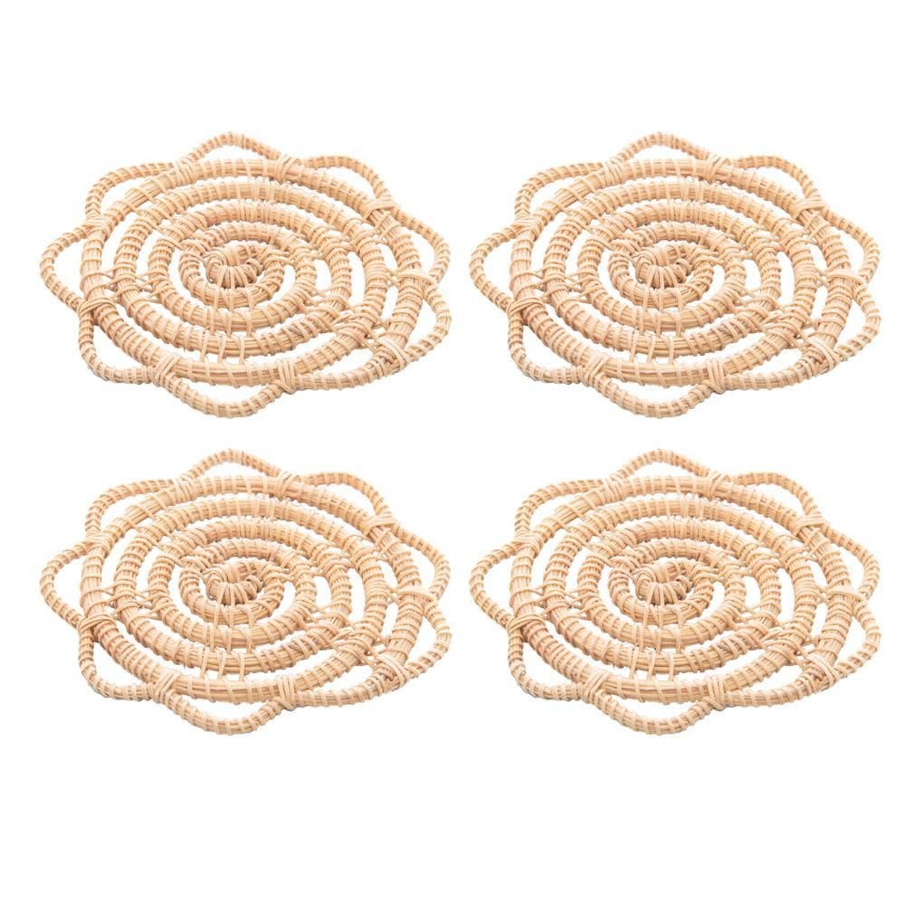 Cj 4 Porta Copos de Fibra Bege Flor Palm 10cm - Lyor