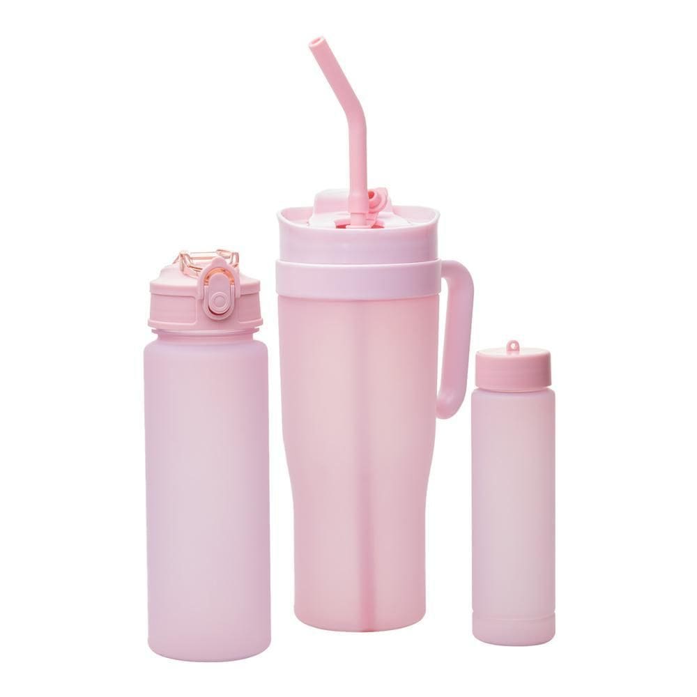 Kit 1 Caneca com 2 Garrafas Squeeze de Plástico Rosa