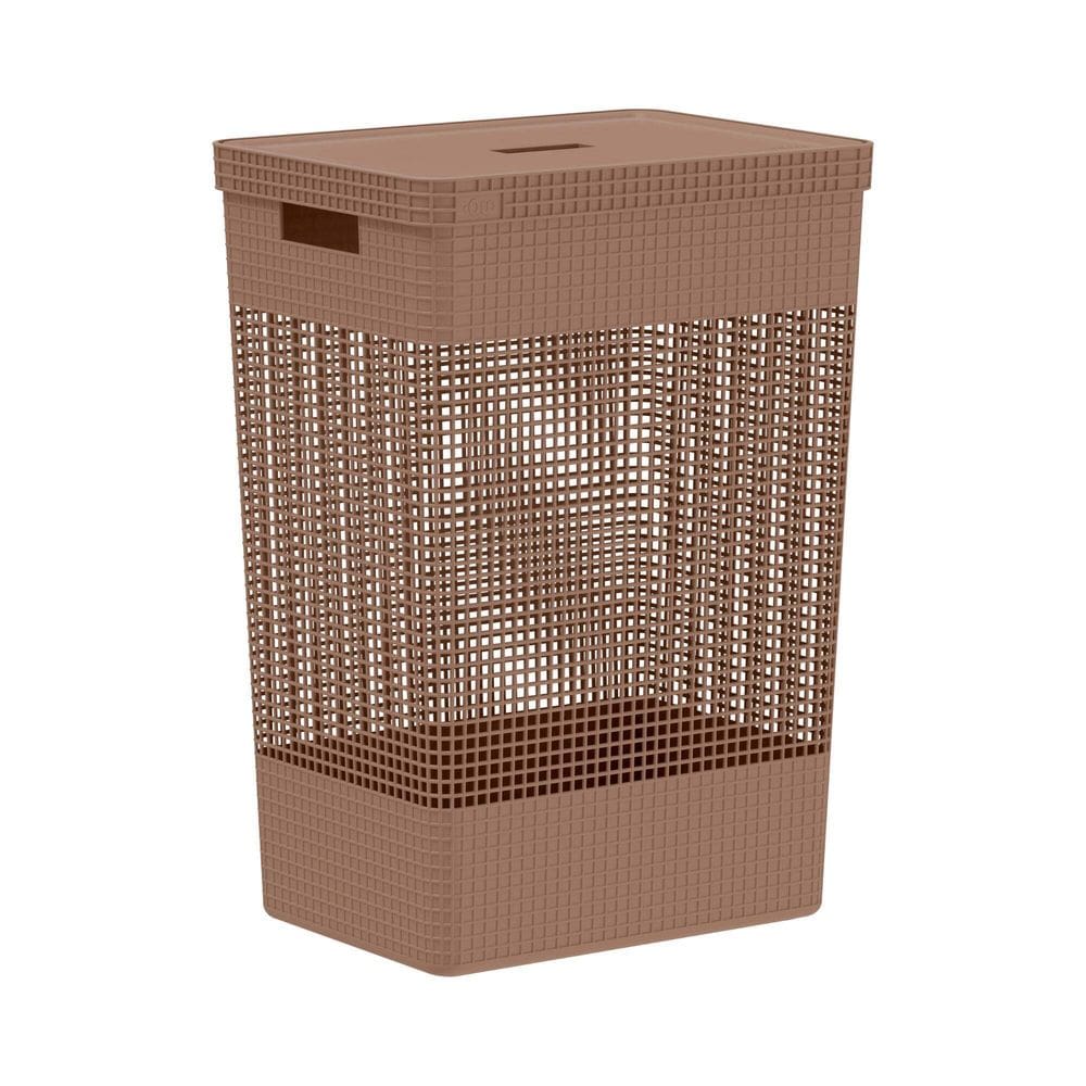 Cesto de Roupa com Tampa Grid Marrom Amêndoa 49L - Ou
