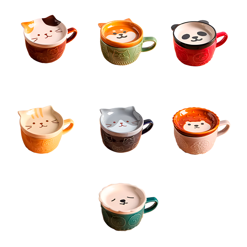 4 Un. Caneca De Bichinhos Com Tampa Cerâmica Diversão Café