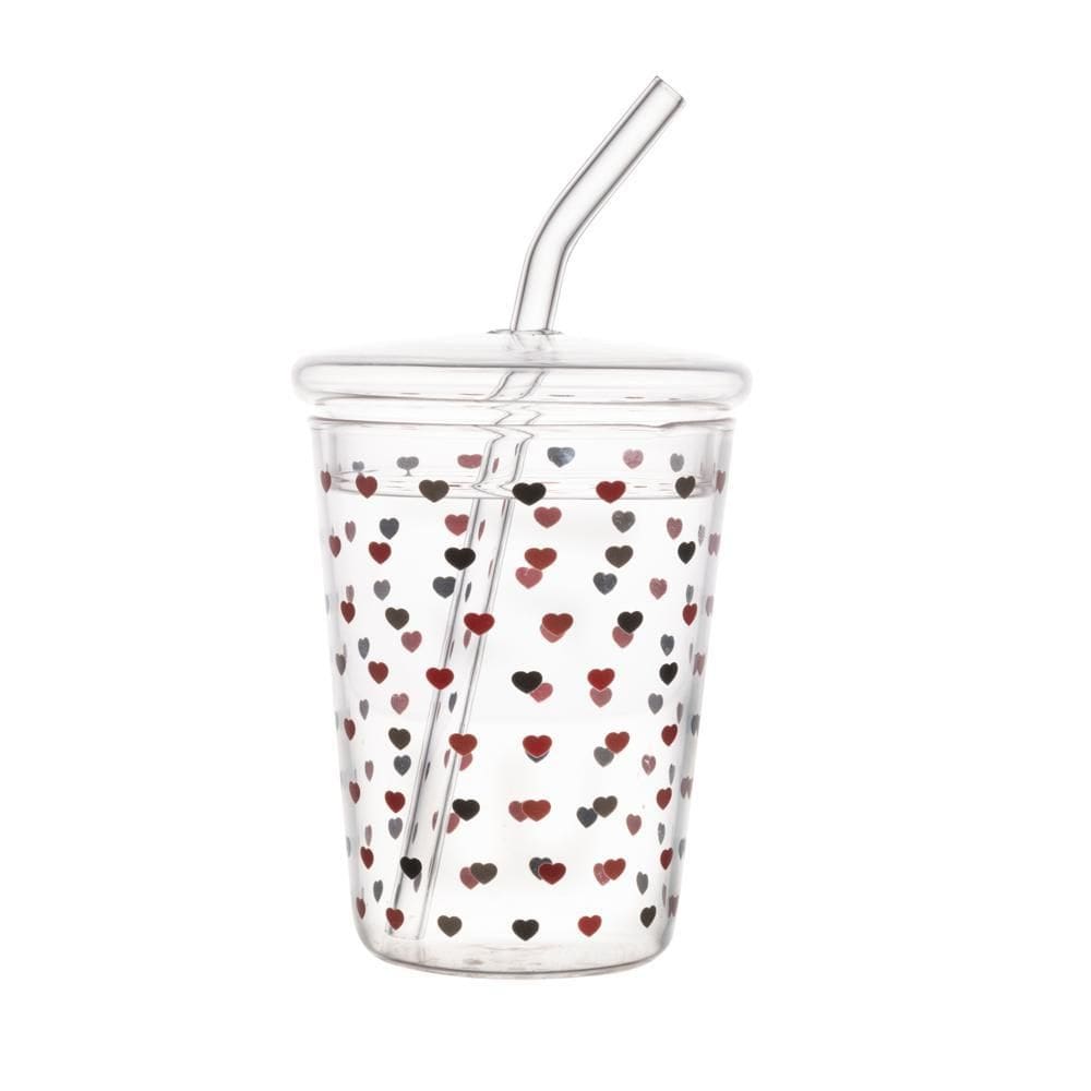Copo de Vidro Borossilicato com Tampa e Canudo Love 360ml
