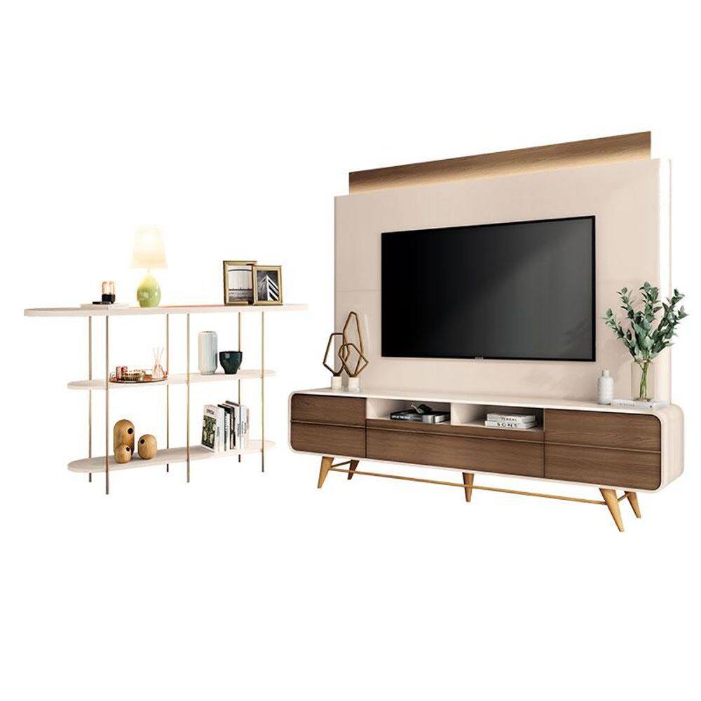 Estante Home Theater Nobre Off White Castanho e Aparador Infinity Off White- HB Móveis