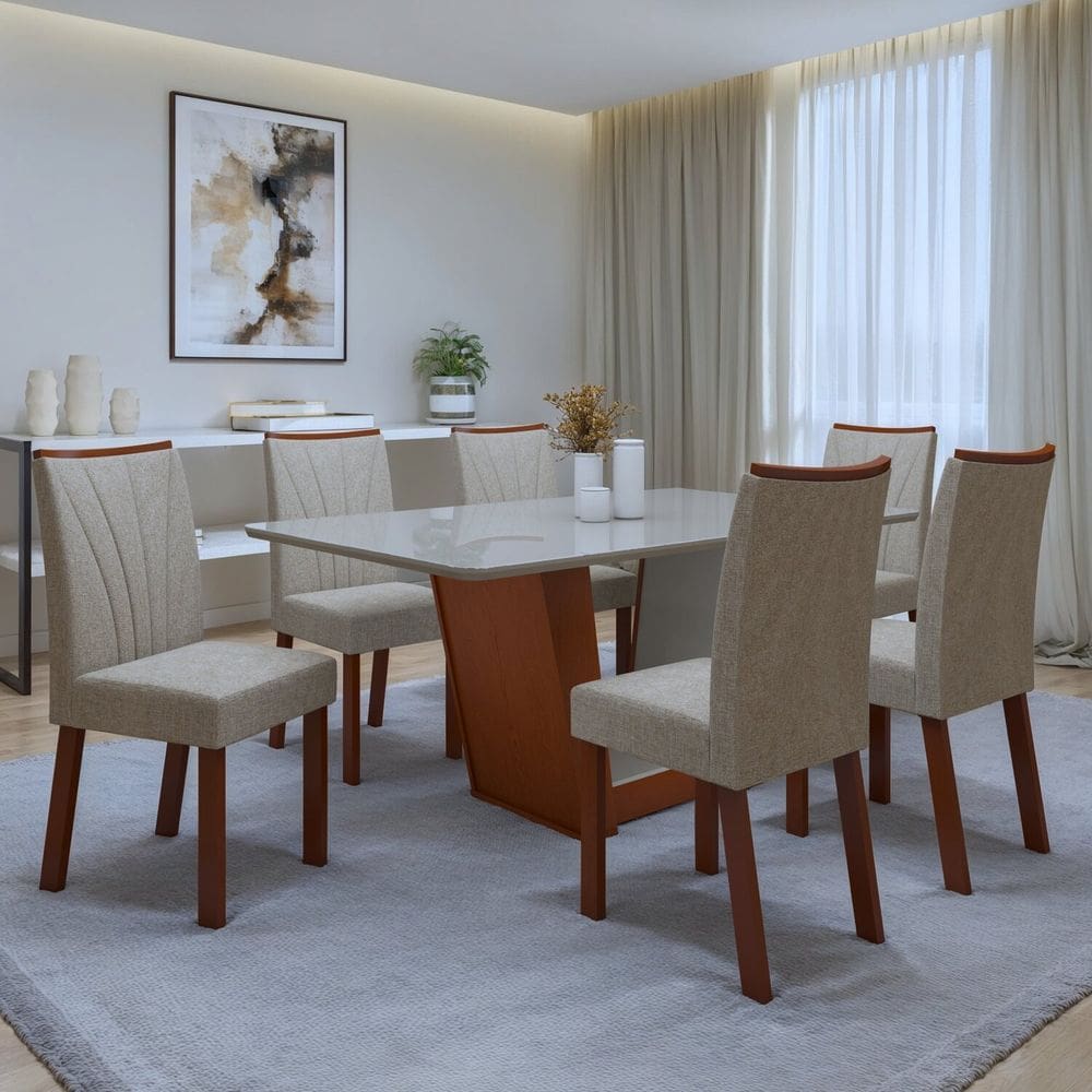 Conjunto Sala de Jantar Mesa Tampo de Vidro/MDF 6 Cadeiras Apogeu Frassino/Off White/Bege