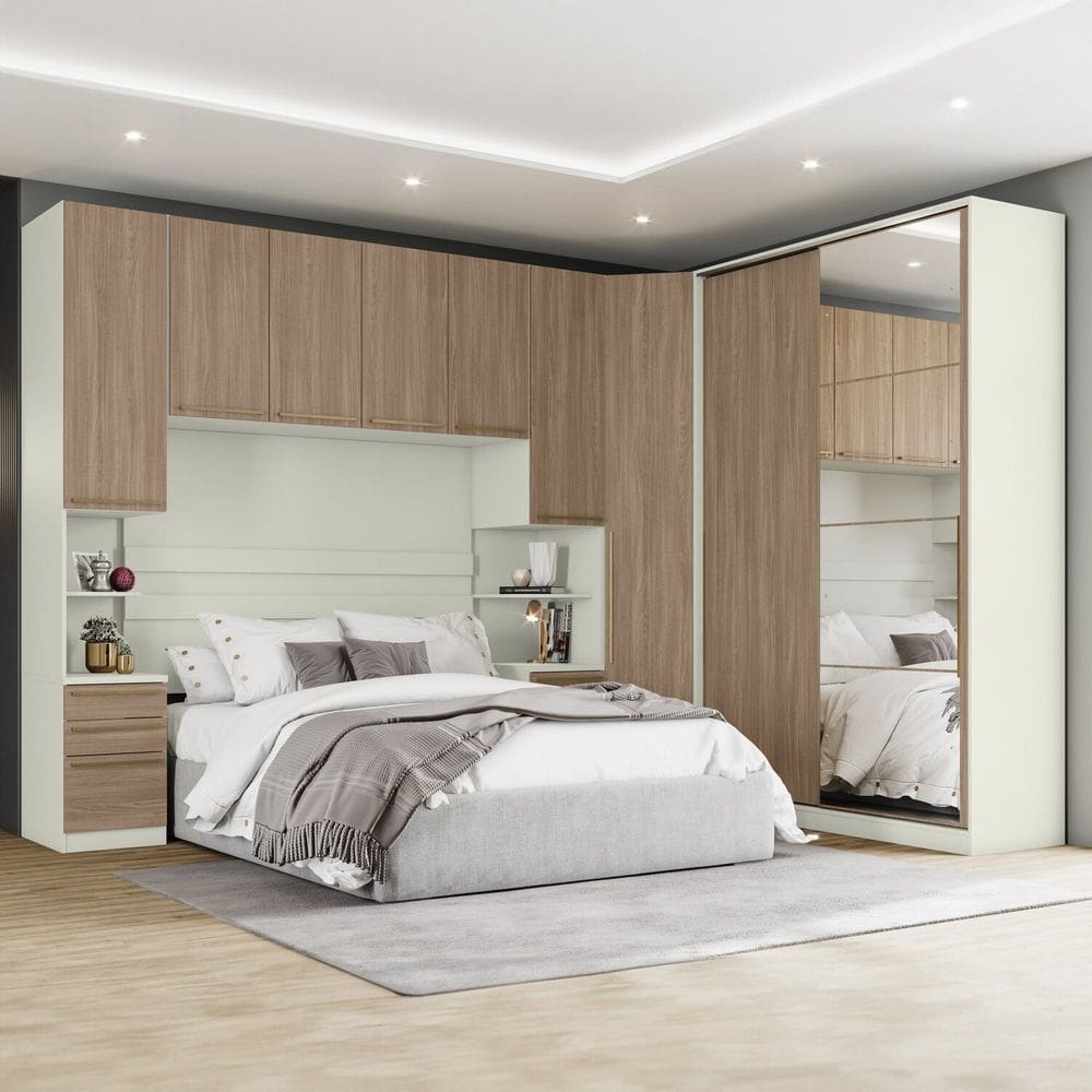 Quarto Modulado Casal Completo 9 Portas 6 Gavetas Canto Oblíquo Seletto Areia/Jequitibá