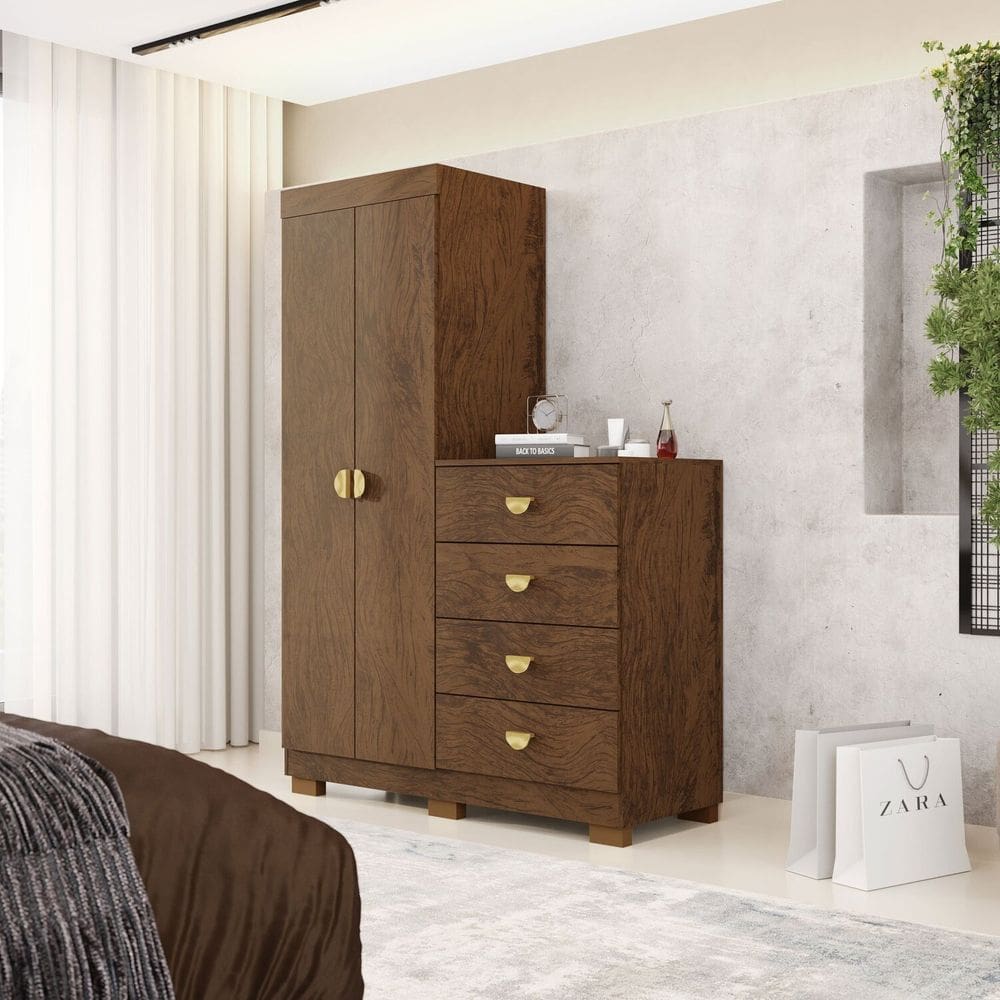 Cômoda Guarda-Roupa Cristal 2 Portas 4 Gavetas Imbuia