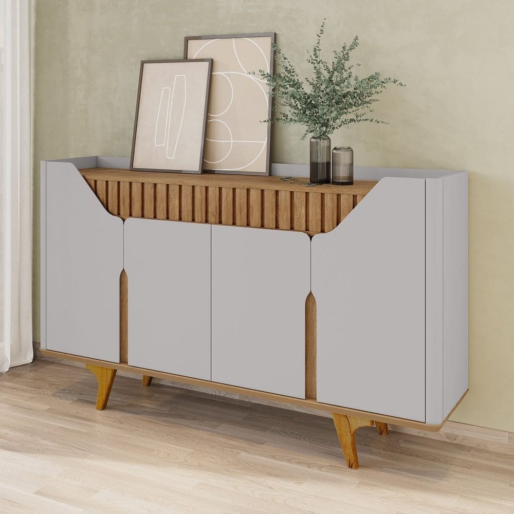 Aparador Buffet 4 Portas Mdf Ripado Real Pés de Madeira Maciça Tâmisa Off-White/Cinamomo