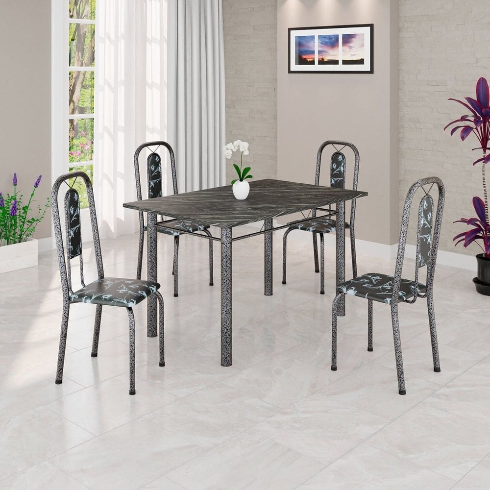 Conjunto de Mesa Tubular 120x75cm Tampo Ardósia Indiano com 4 Cadeiras Lívia Preto Floral / Mart Prata
