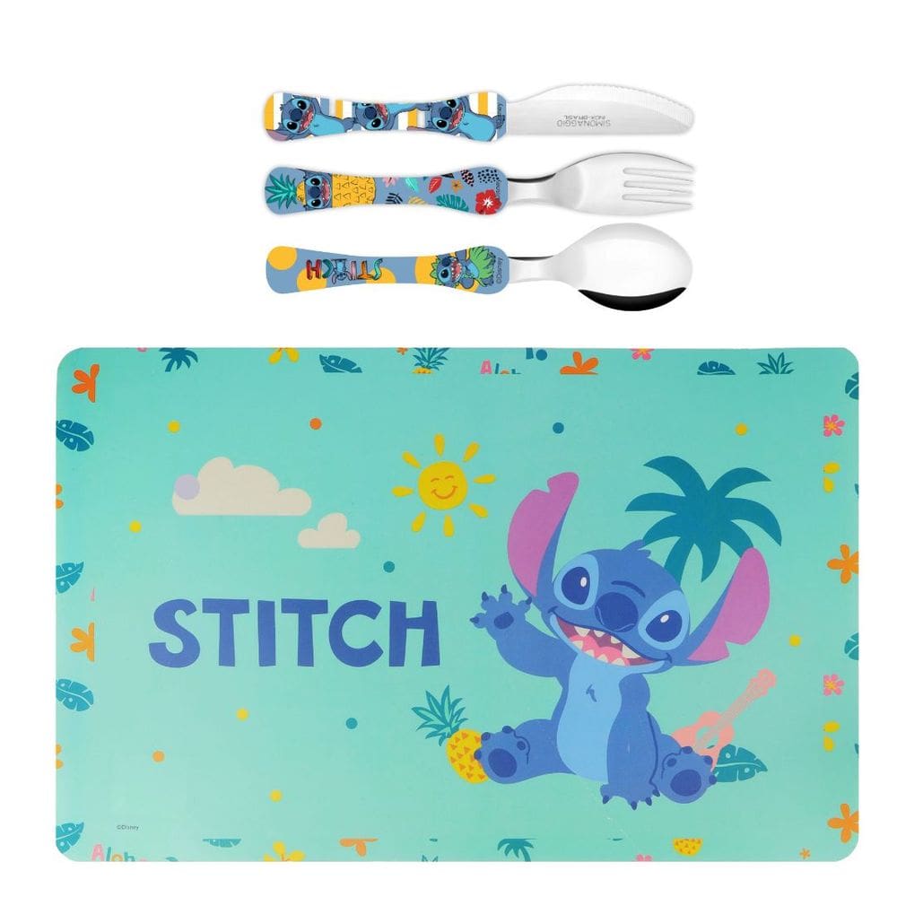 Jogo Americano e Talheres Infantil Stitch Disney Aço Inox 3 Peças - Simonaggio