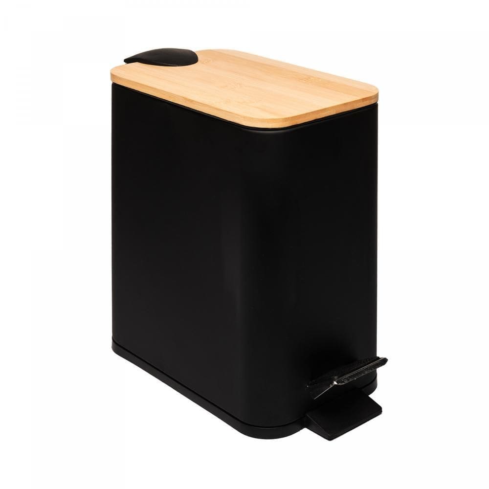 Lixeira Quadrada de Metal c/ Pedal e Tampa em Bambu Preta 5L