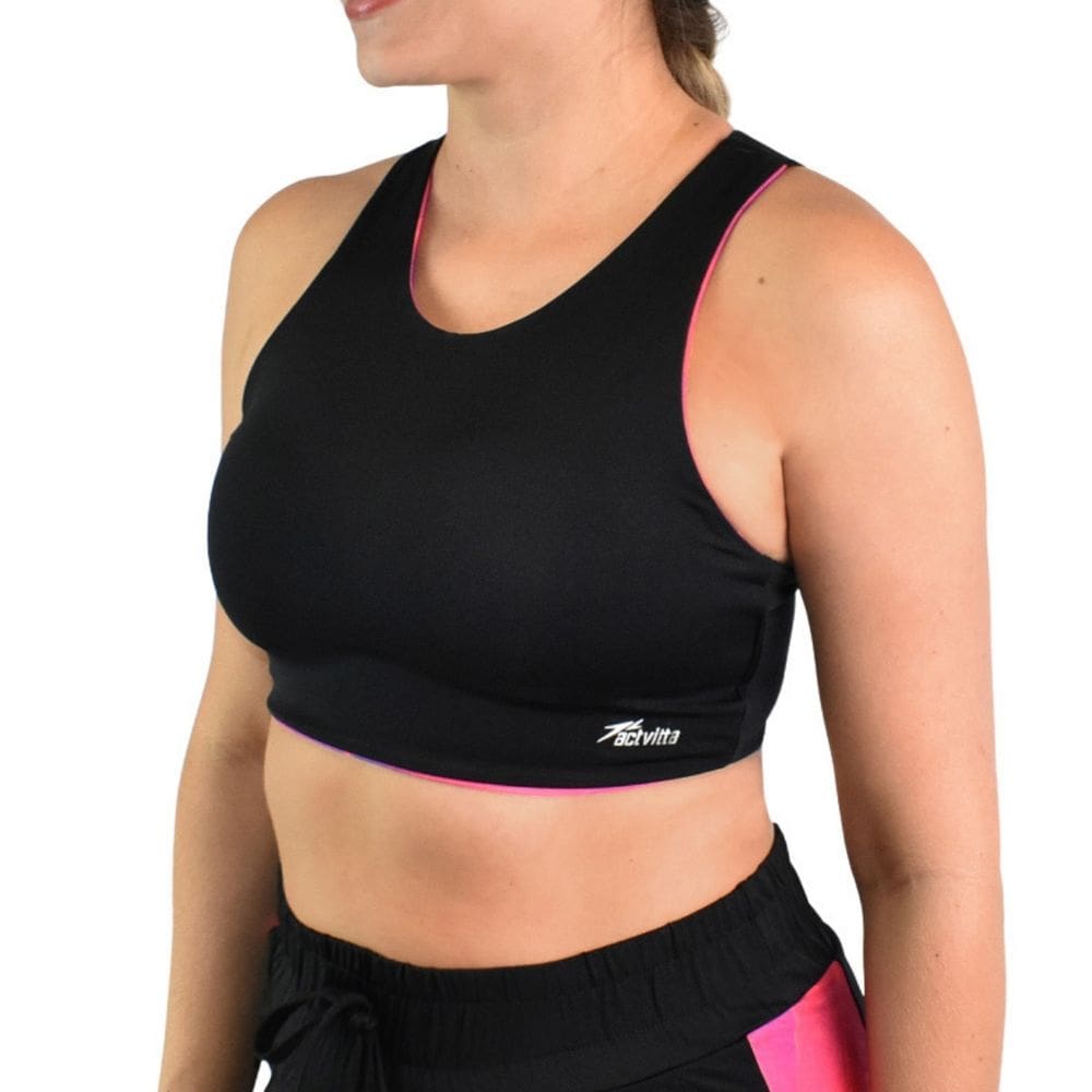 Top Feminino Activitta Esportivo Alças Cruzadas Versátil Preto Fúcsia