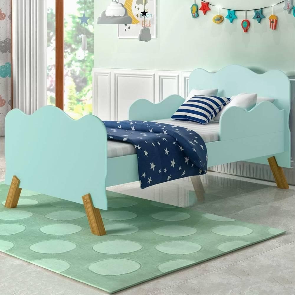 Cama Nuvem Infantil Pés Madeira Barras Onduladas Cambel Angel Menta