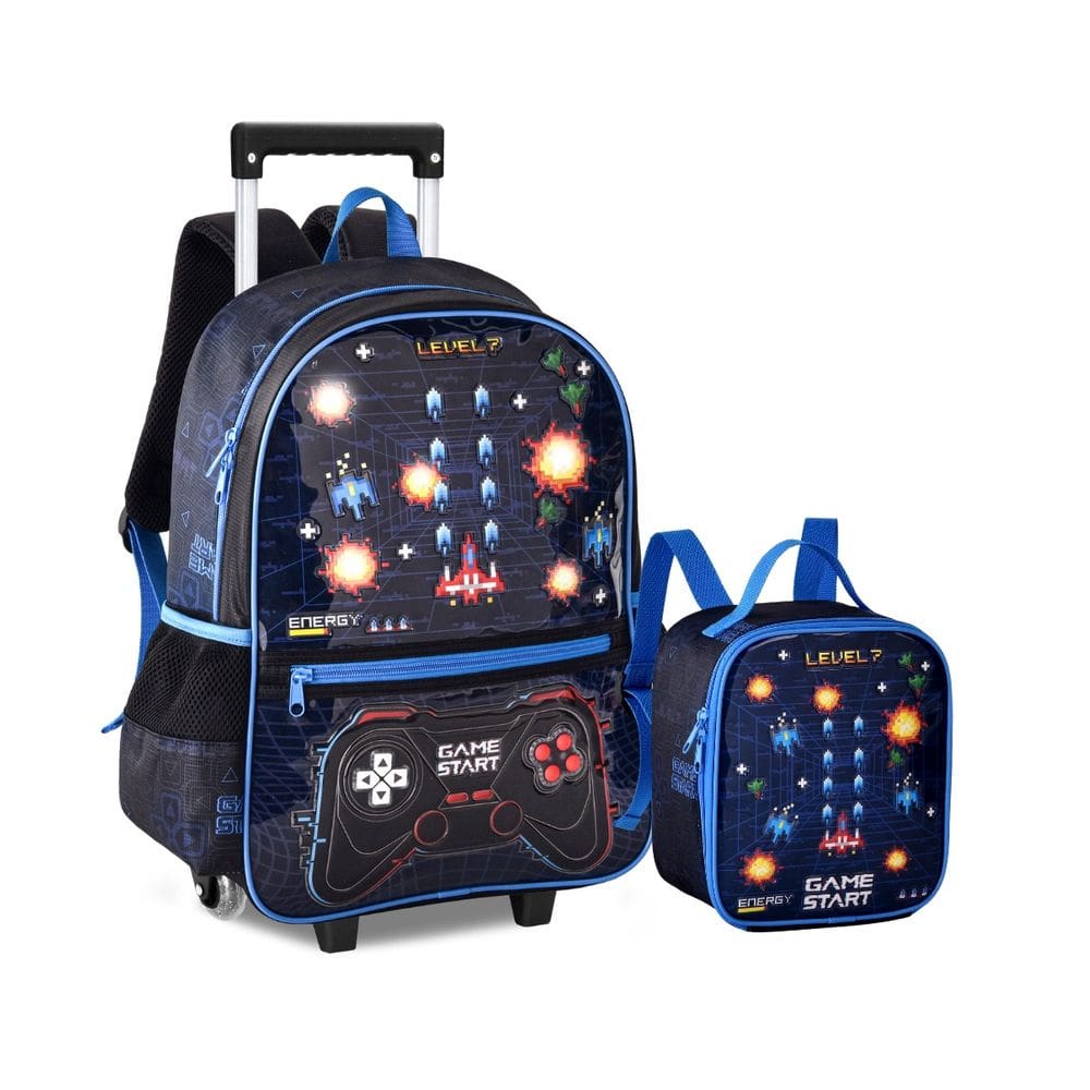 Kit Mochila Rodas Gamer e Lancheira Térmica Infantil Escolar