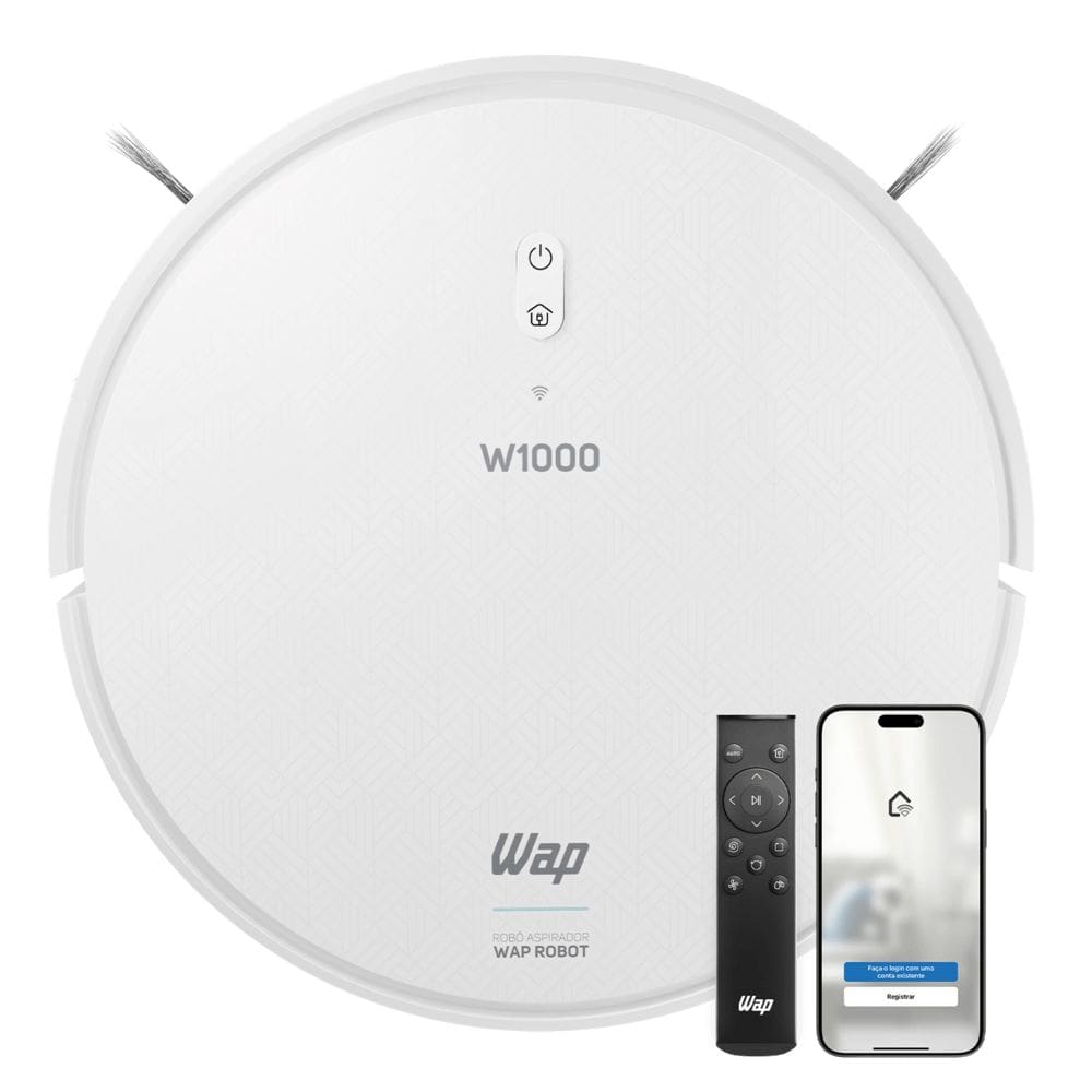 Aspirador de Pó Robô WAP ROBOT W1000 Automático com MOP e Sensores, Limpeza 3 em 1, Navegação de GYRO, Carregador Bivolt