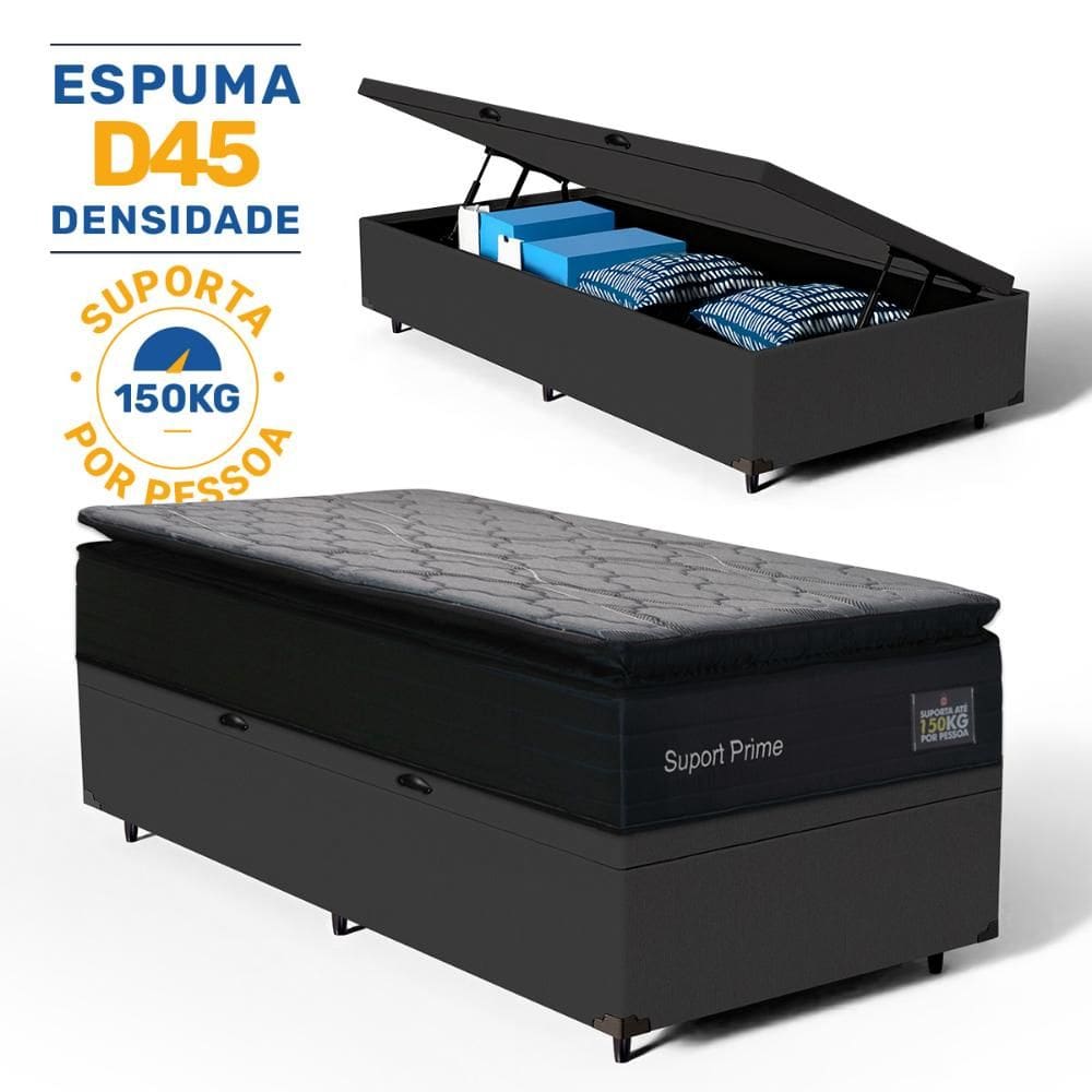 Cama Box Baú com Colchão de Espuma D45 Pillow Top Suport Prime Solteiro 88cm