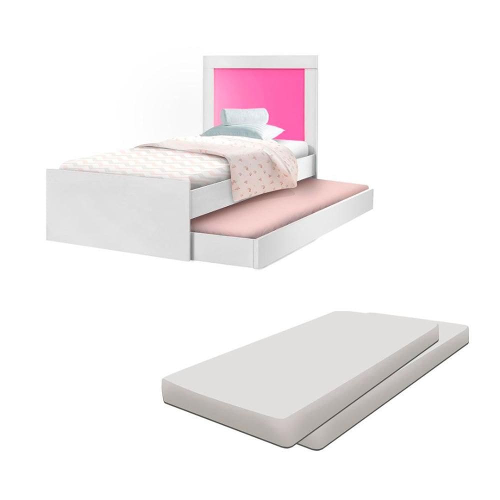 Cama Auxiliar 2 Colchões Solteiro Branco Rosa Luara