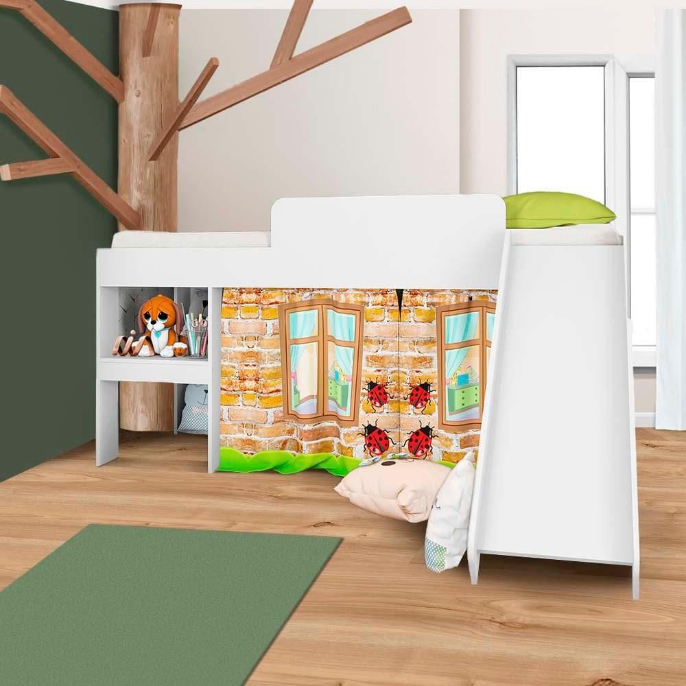 Cama Infantil Elevada Com Escorregador E Colchão Solteiro Branco Adventure Shop JM
