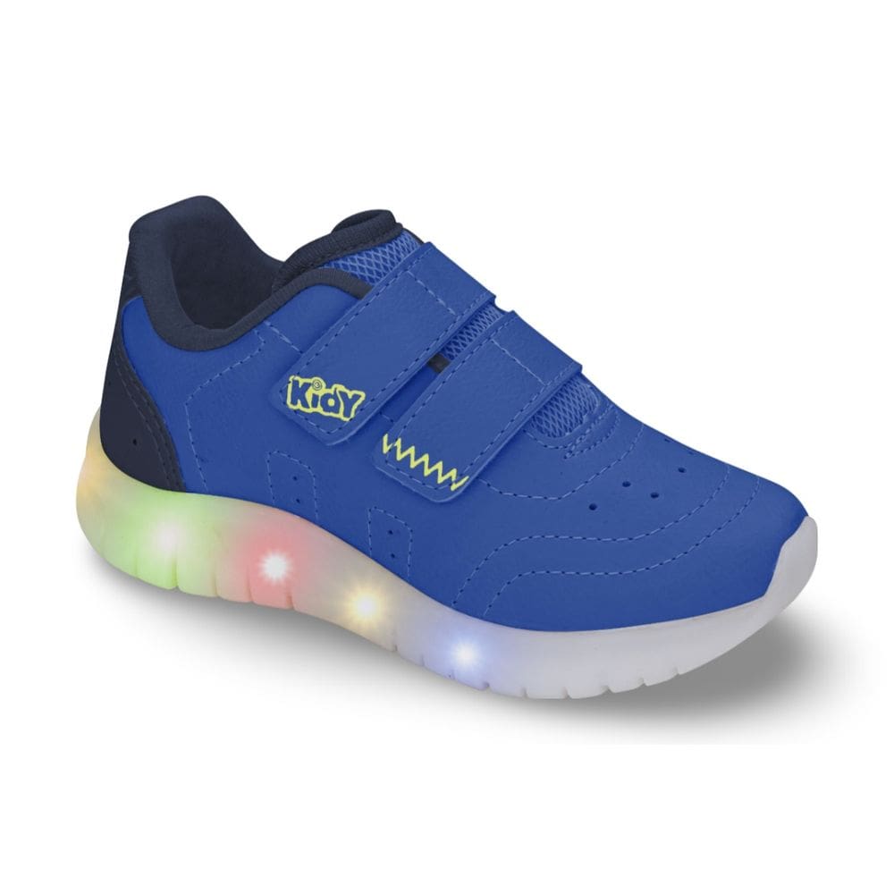 Tênis Infantil Menino Kidy Luz Led - Azul Marinho Amarelo - Divertido Confortável