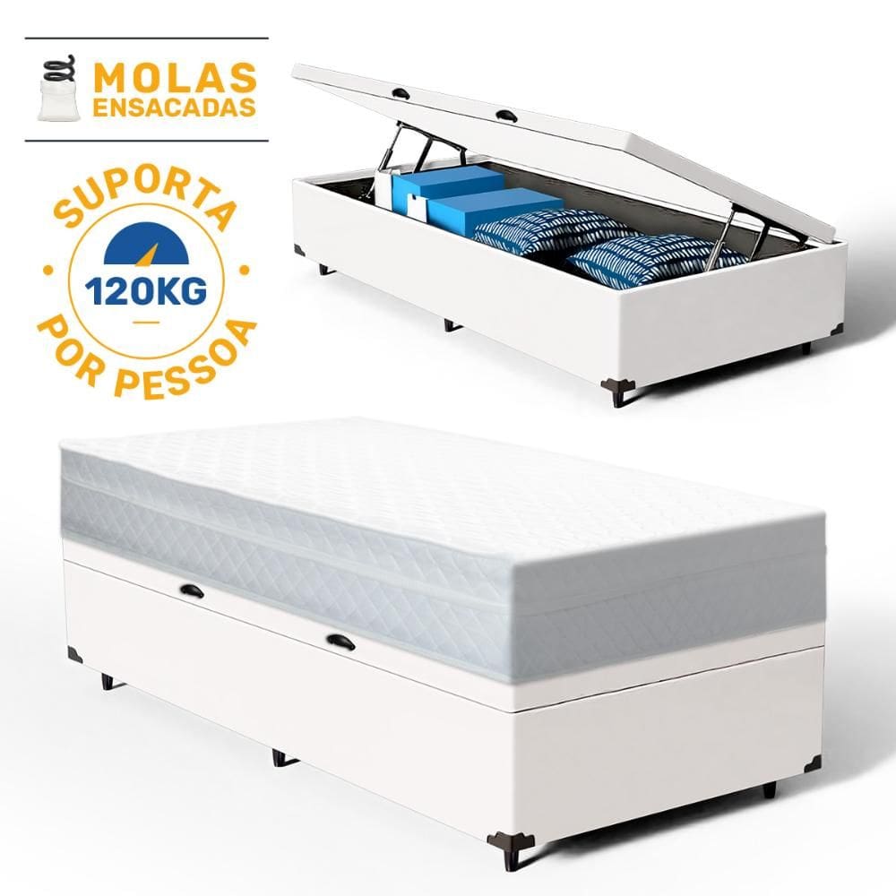 Cama Box Baú com Colchão de Molas Ensacadas Classic Maxx White Solteiro 88cm
