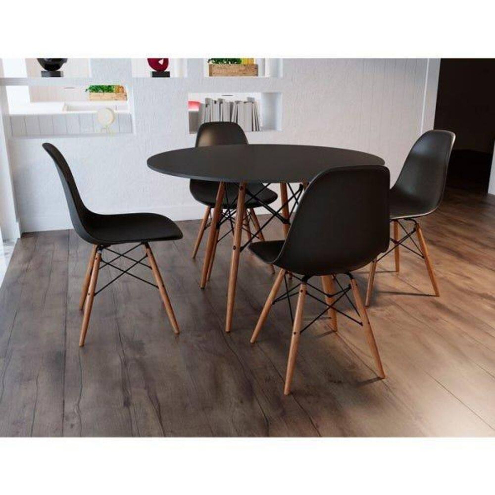 Mesa De Jantar Com 4 Cadeiras Pretas Eames 90Cm Base Madeira
