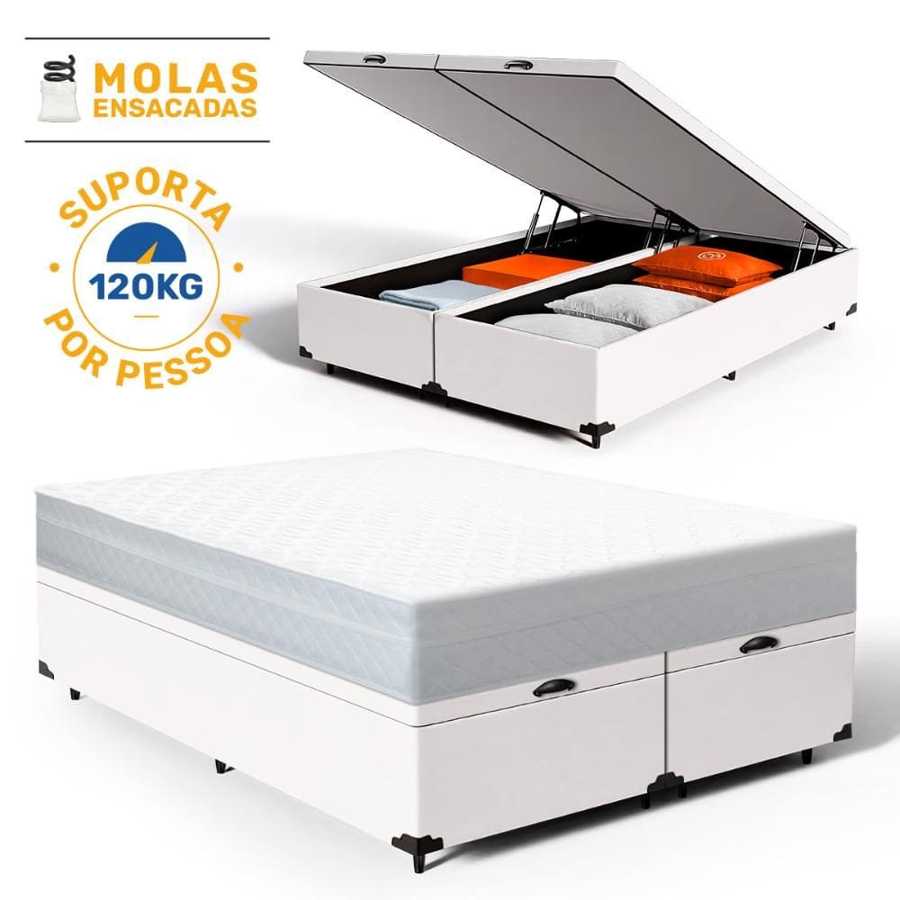 Cama Box Baú com Colchão de Molas Ensacadas Classic Maxx White Queen 158cm